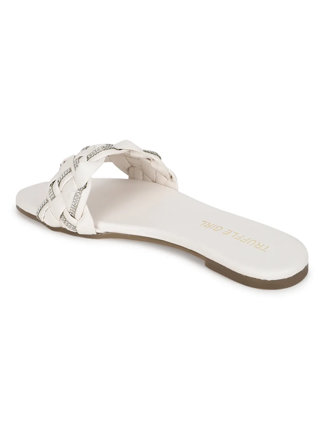 White PU Braided Diamante Slip Ons (TC-ST-1215-WHT)