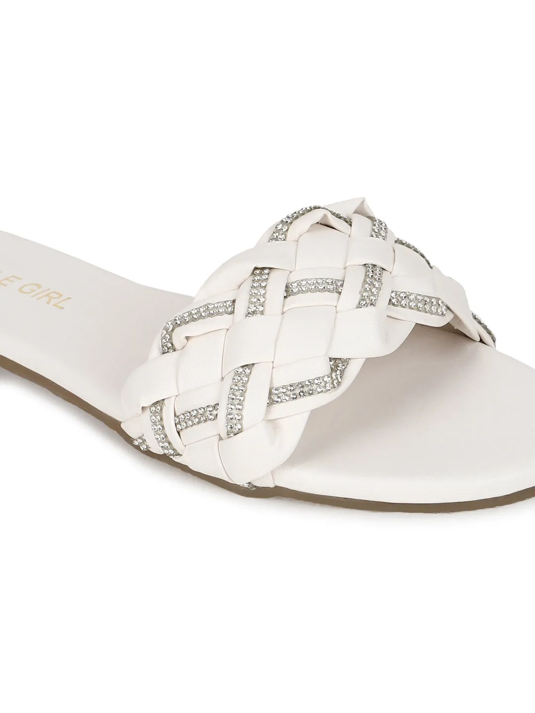 White PU Braided Diamante Slip Ons (TC-ST-1215-WHT)