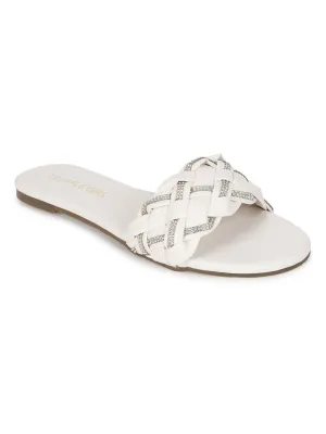 White PU Braided Diamante Slip Ons (TC-ST-1215-WHT)