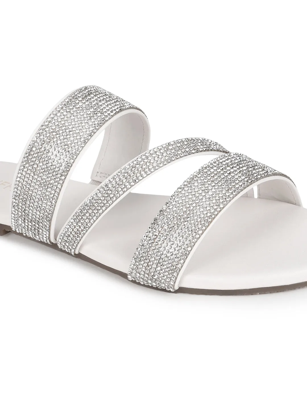 White PU Strappy Diamante Slip Ons (TC-ST-1214-WHT)