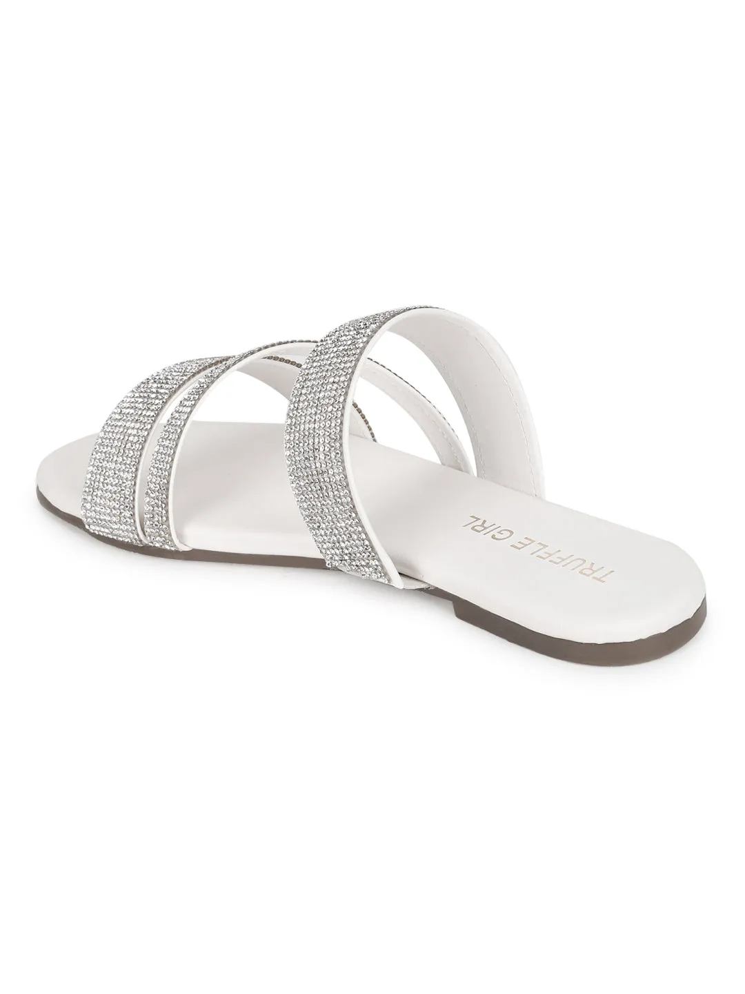 White PU Strappy Diamante Slip Ons (TC-ST-1214-WHT)