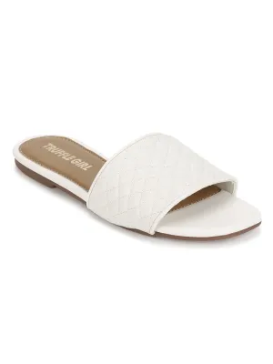 White Quilted PU Slide on Flat Sandals