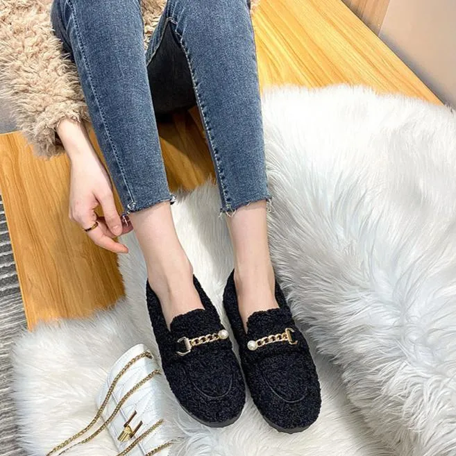 Women Faux-Fur Loafers Warm Winter Flat Pearl Decoration Shoes