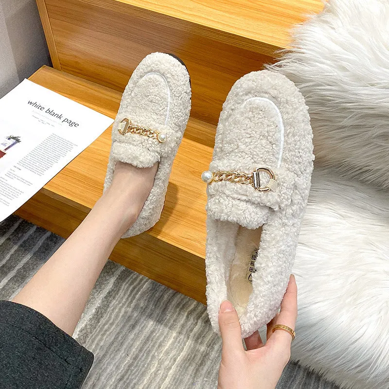 Women Faux-Fur Loafers Warm Winter Flat Pearl Decoration Shoes