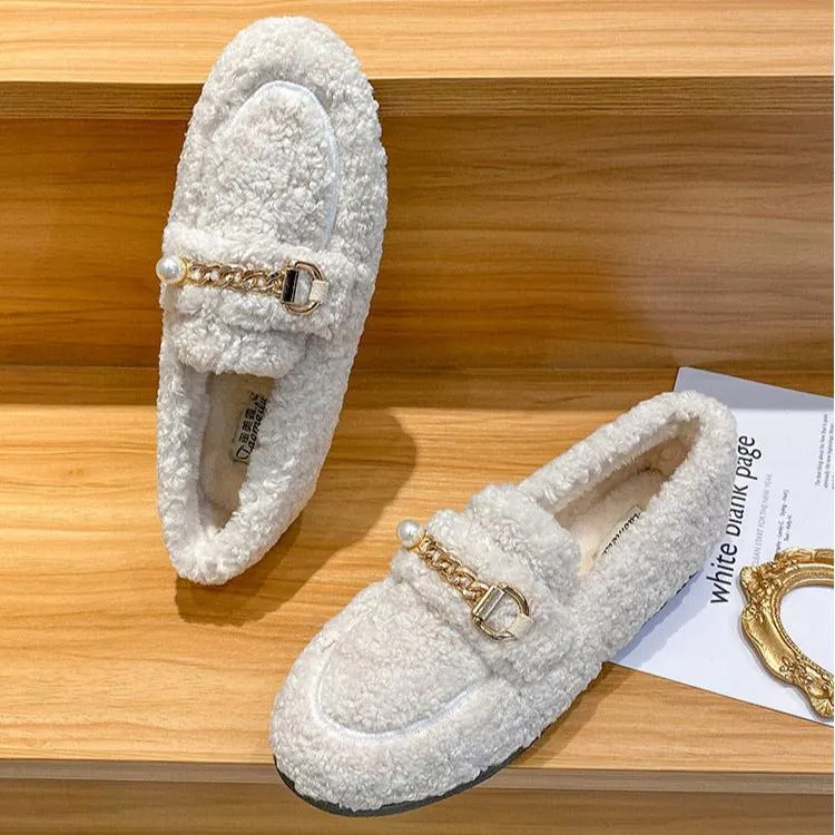 Women Faux-Fur Loafers Warm Winter Flat Pearl Decoration Shoes