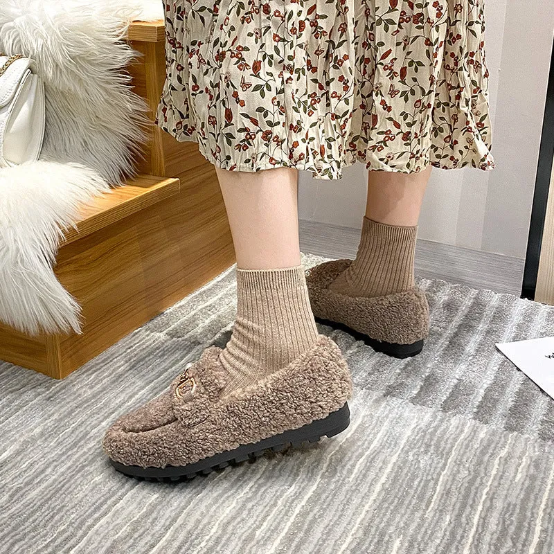 Women Faux-Fur Loafers Warm Winter Flat Pearl Decoration Shoes