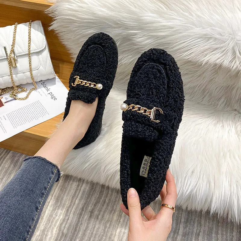 Women Faux-Fur Loafers Warm Winter Flat Pearl Decoration Shoes