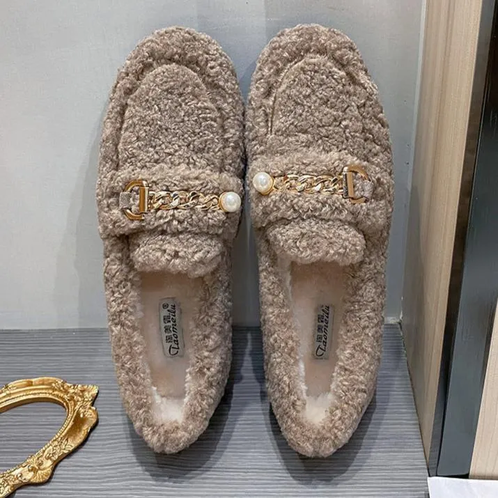 Women Faux-Fur Loafers Warm Winter Flat Pearl Decoration Shoes