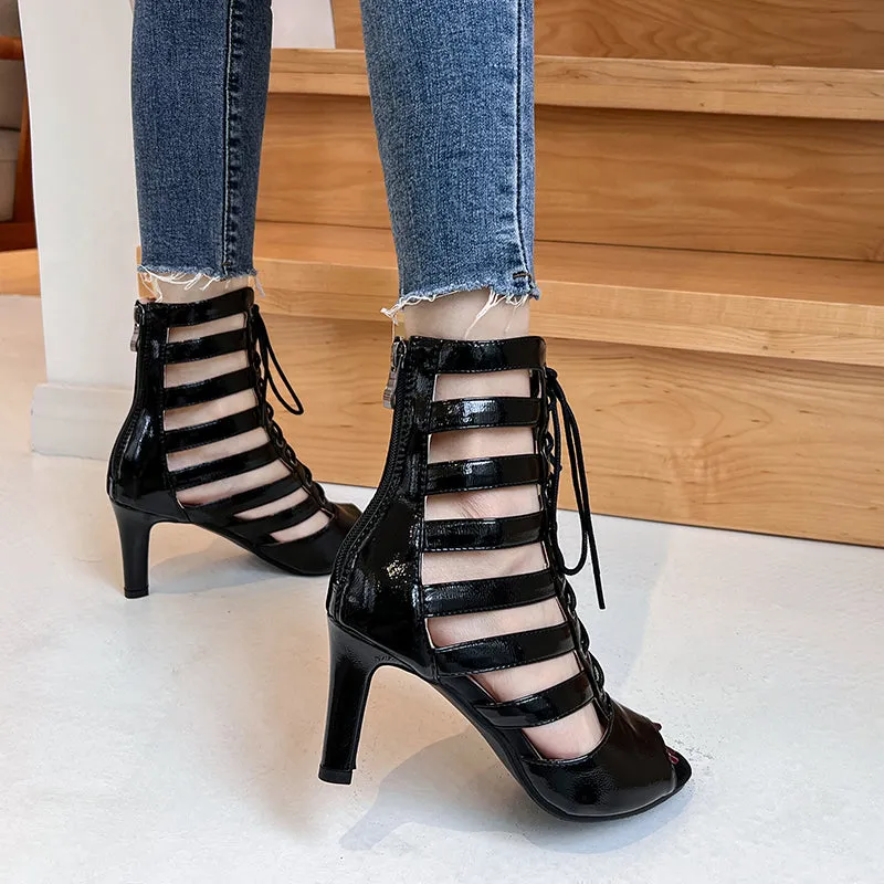 Women's Black 7cm/9cm Slim Heel  Rubber Sole Leatherette Jazz Shoes Hollow-out Dance Heels Boots