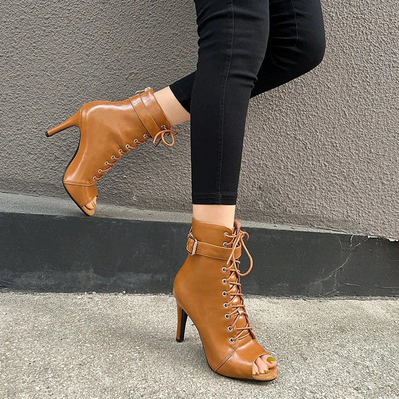 Women's Brown 7cm/9cm Heel Rubber Sole Leatherette Jazz Shoes Open Toe Dance Heels Boots