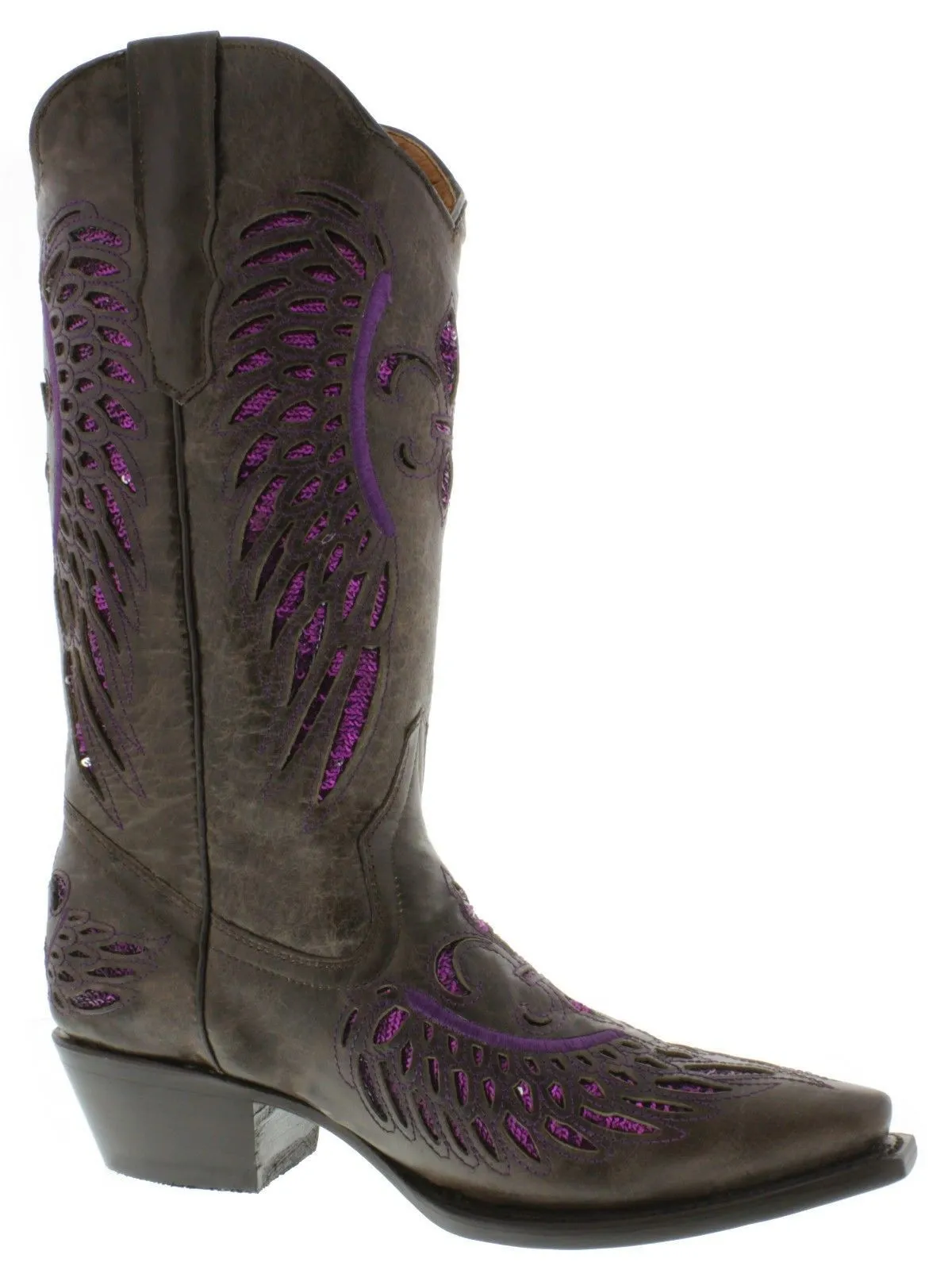 Womens Brown Cowboy Boots Fleur-De-Lis & Wings Purple Sequins - Snip Toe