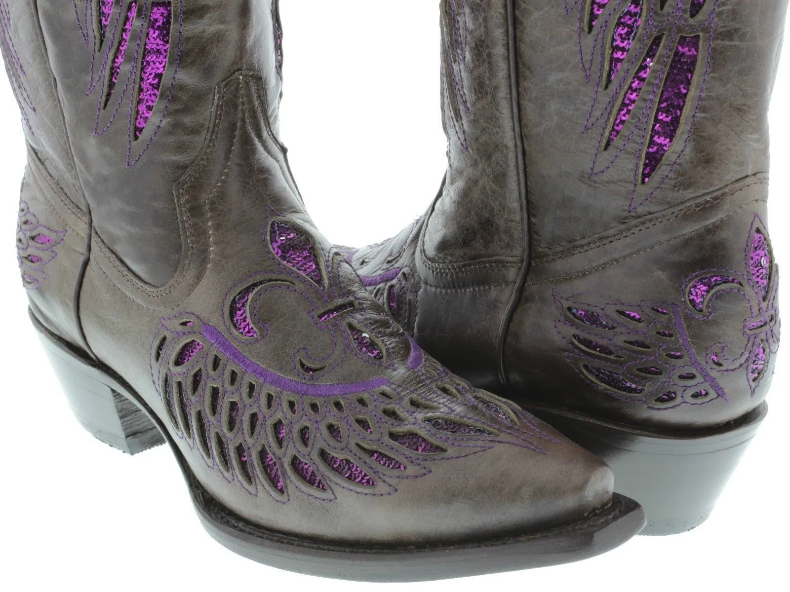 Womens Brown Cowboy Boots Fleur-De-Lis & Wings Purple Sequins - Snip Toe