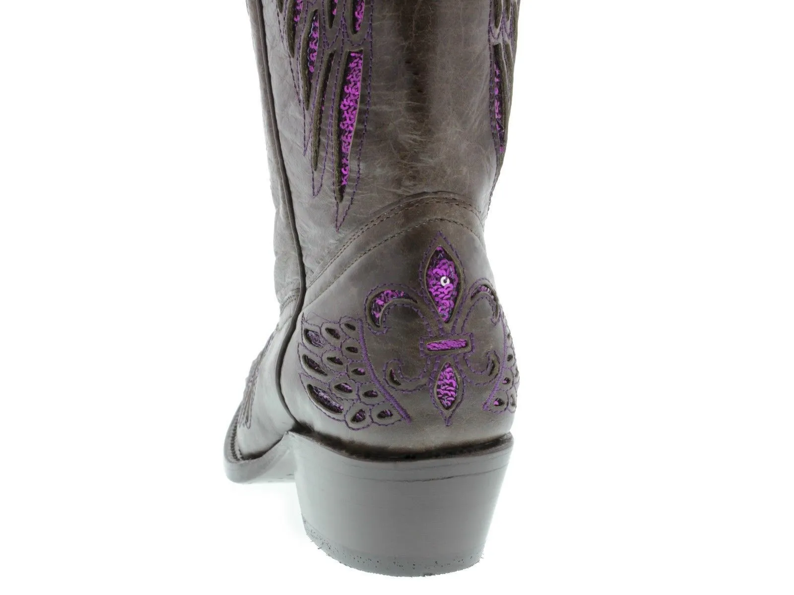 Womens Brown Cowboy Boots Fleur-De-Lis & Wings Purple Sequins - Snip Toe