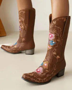 Women's Fashion Embroidery Chunky Heel Cowboy Boots