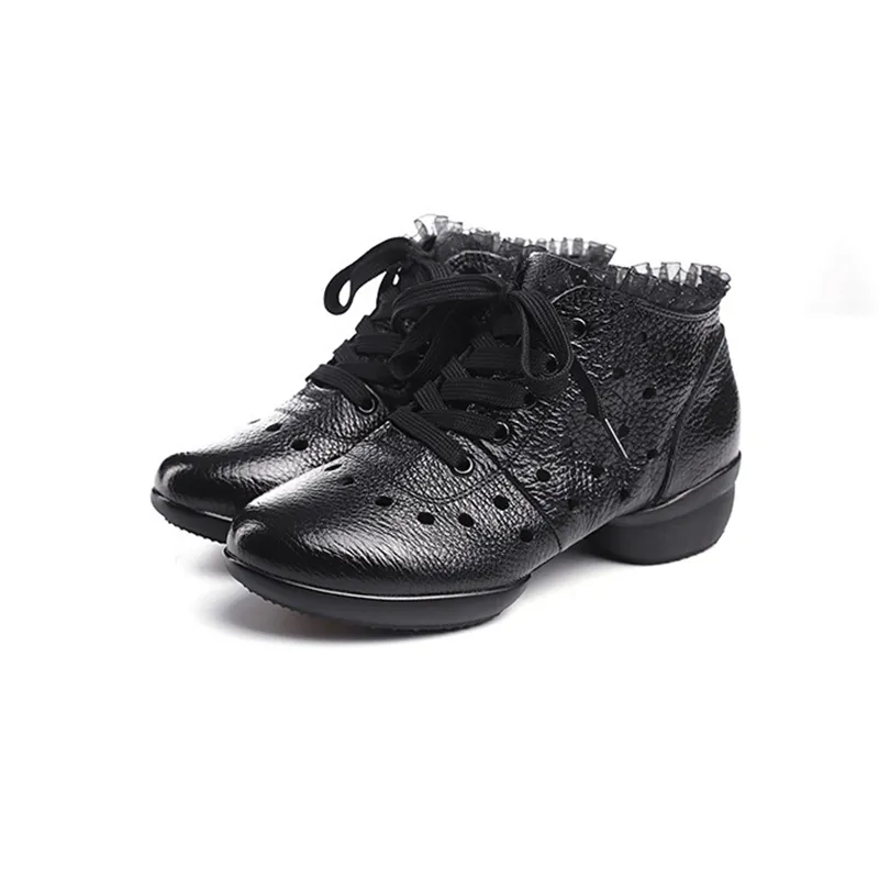 Women's Leather  Hollow Out Lace-up 4cm Heel Dance Sneakers Practice Dance Shoes Jazz Dance