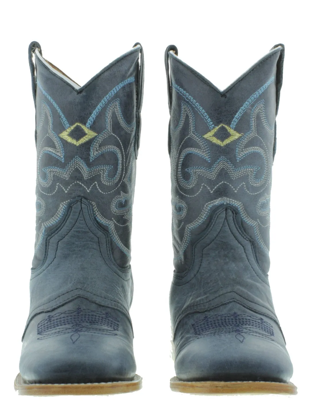 Womens MC560 Denim Blue Stitched Leather Cowboy Boots Square Toe