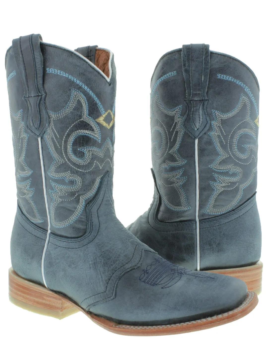 Womens MC560 Denim Blue Stitched Leather Cowboy Boots Square Toe