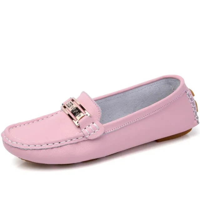 Women's Slip On Leather Loafers Spring Ladies Metal Fashion Flat Shoes Female Sewing Solid Comfort Casual Woman Light Flats Shoe