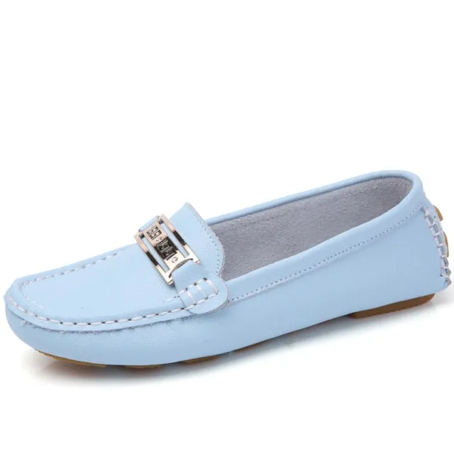 Women's Slip On Leather Loafers Spring Ladies Metal Fashion Flat Shoes Female Sewing Solid Comfort Casual Woman Light Flats Shoe