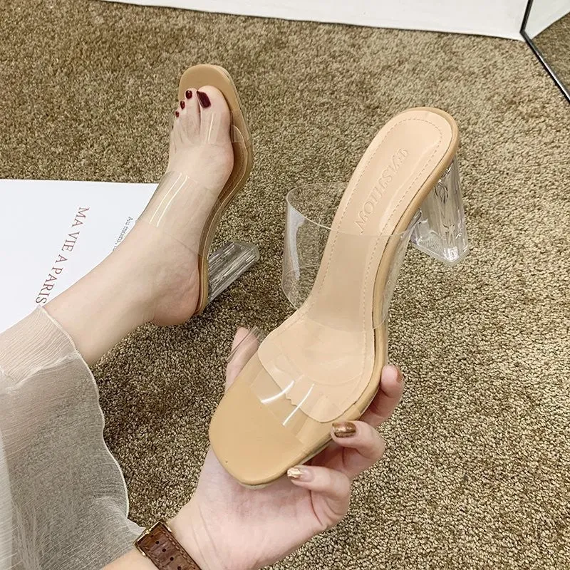 xiangtuibao New Summer Transparent High Heel Chunky Heel Fairy Sandals Ankle-Strap Open Toe Women's Shoes Foreign Trade plus Size 43 Shoes