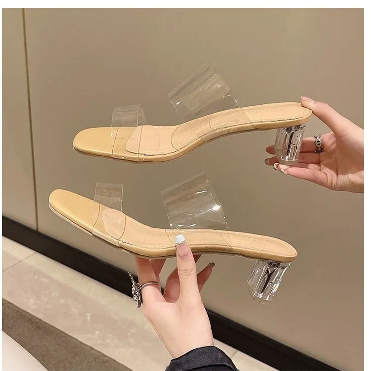 xiangtuibao New Summer Transparent High Heel Chunky Heel Fairy Sandals Ankle-Strap Open Toe Women's Shoes Foreign Trade plus Size 43 Shoes