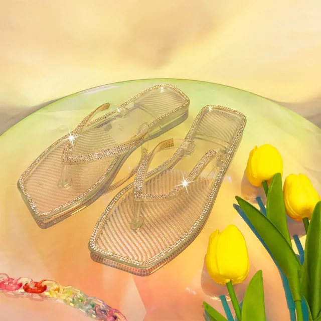 Yeknu Rhinestone Square-head Transparent Jelly Flip-flop Platform Women&#39;s Sandles Summer PVC Beach Open-toed Outdoor Slides Women