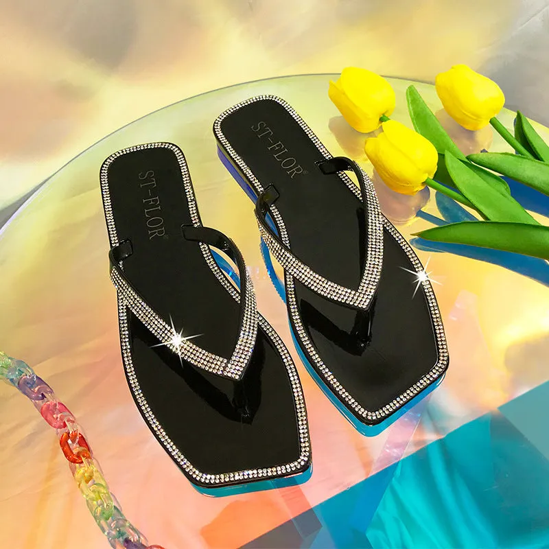 Yeknu Rhinestone Square-head Transparent Jelly Flip-flop Platform Women&#39;s Sandles Summer PVC Beach Open-toed Outdoor Slides Women