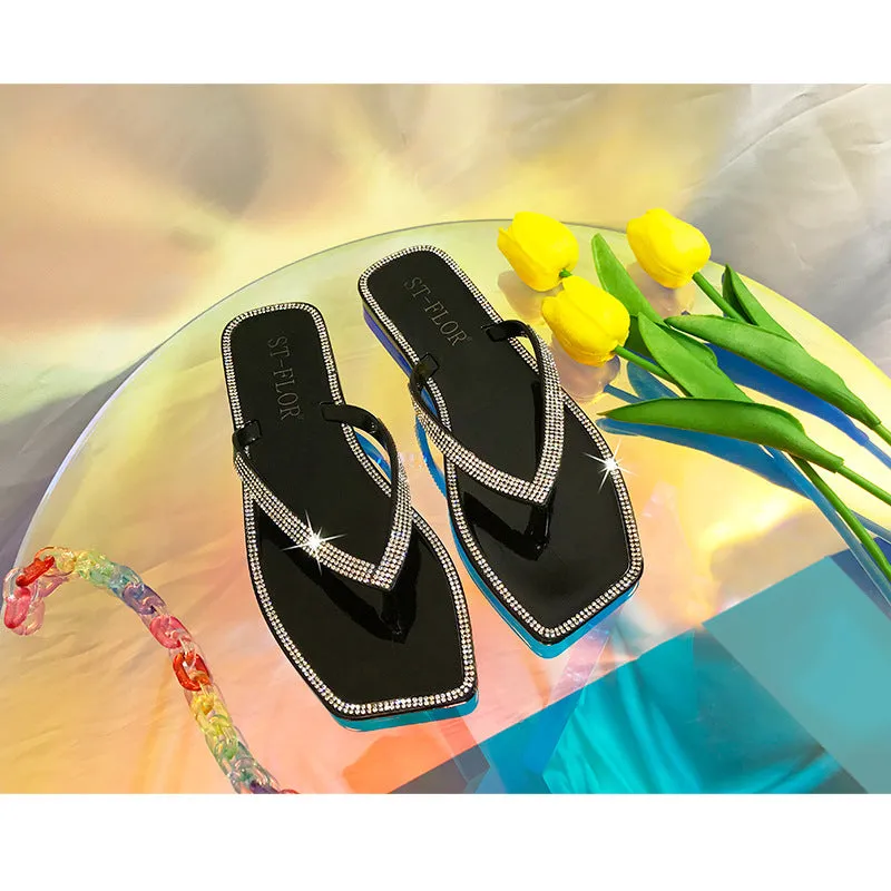 Yeknu Rhinestone Square-head Transparent Jelly Flip-flop Platform Women&#39;s Sandles Summer PVC Beach Open-toed Outdoor Slides Women